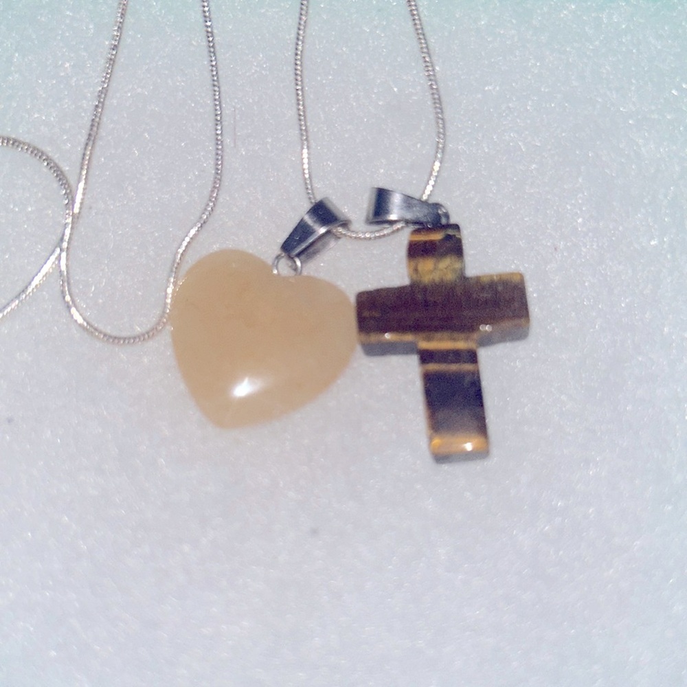 Boho Hippie Tigers Eye Cross and Aventurine Heart Sterling Silver Necklace 18” - Picture 1 of 6